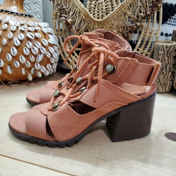 Sorel Nadia Womens 7 Teak Brown Suede Lace Up Sandals Shoes Block Heel - Picture 4 of 12